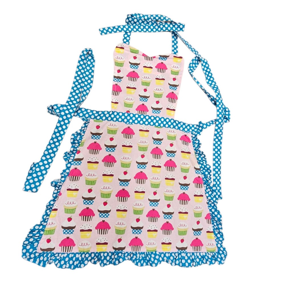 Adult Cupcake Apron Polka Dot Ruffle Pink Blue Cotton‎ Kitchen Baking Cooking